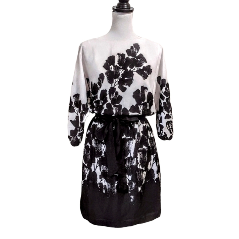 WHBM Blouson Sleeve Leaf Print Chiffon Casual Dress
